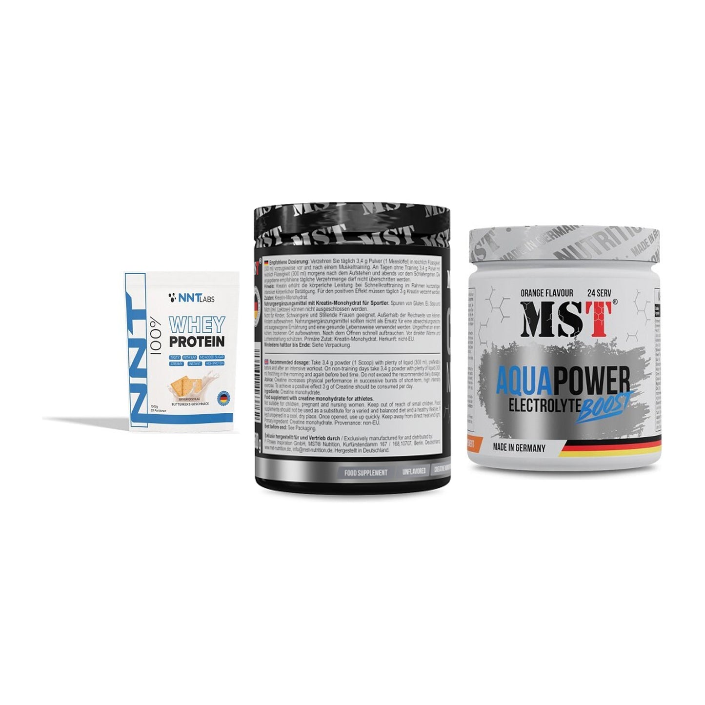 Einsteiger-Set: NNT Whey + MST Creatin + MST Aqua Power – alle enthaltenen Artikel