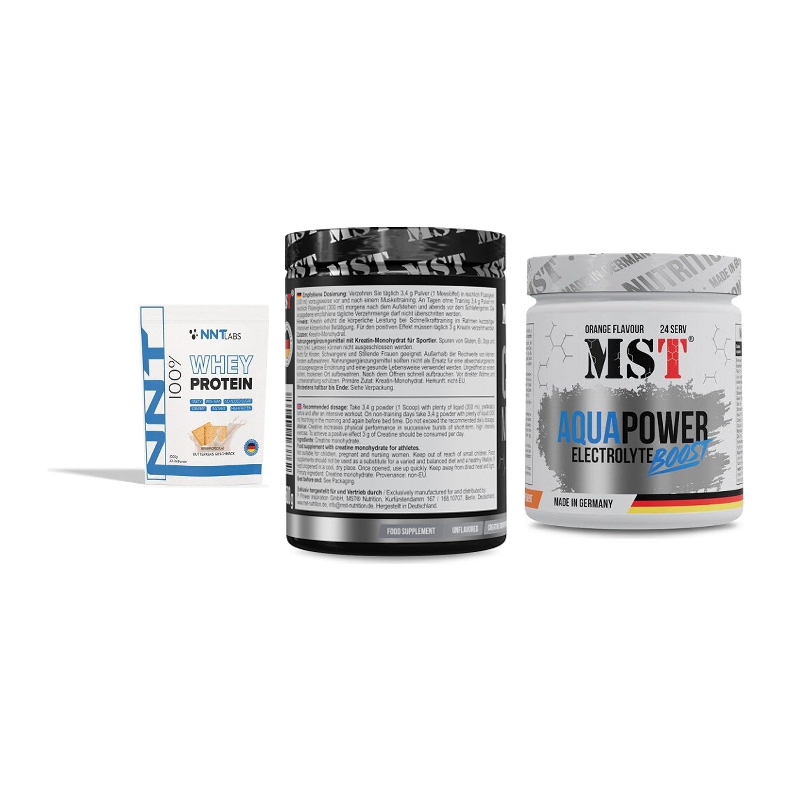 Einsteiger-Set: NNT Whey + MST Creatin + MST Aqua Power – alle enthaltenen Artikel