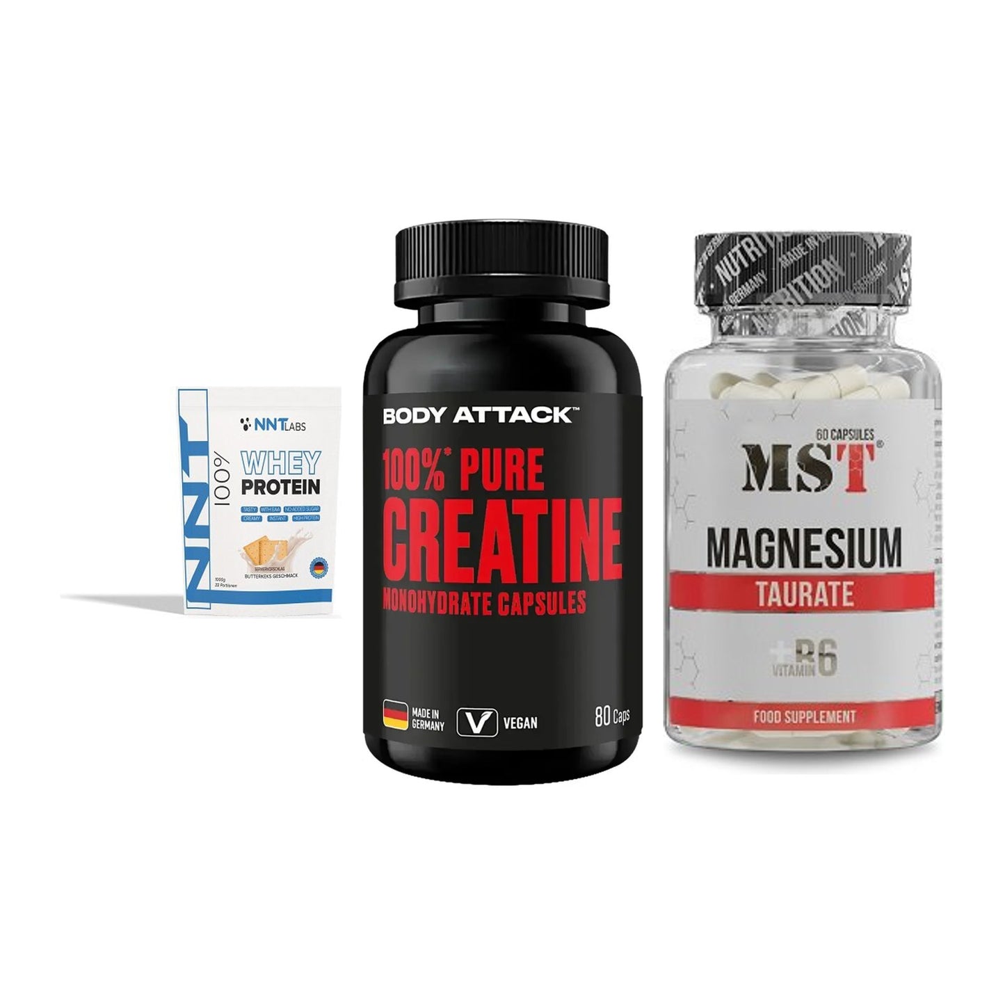 Einsteiger-Set: NNT Whey + Body Attack 100% + MST Magnesium – alle enthaltenen Artikel