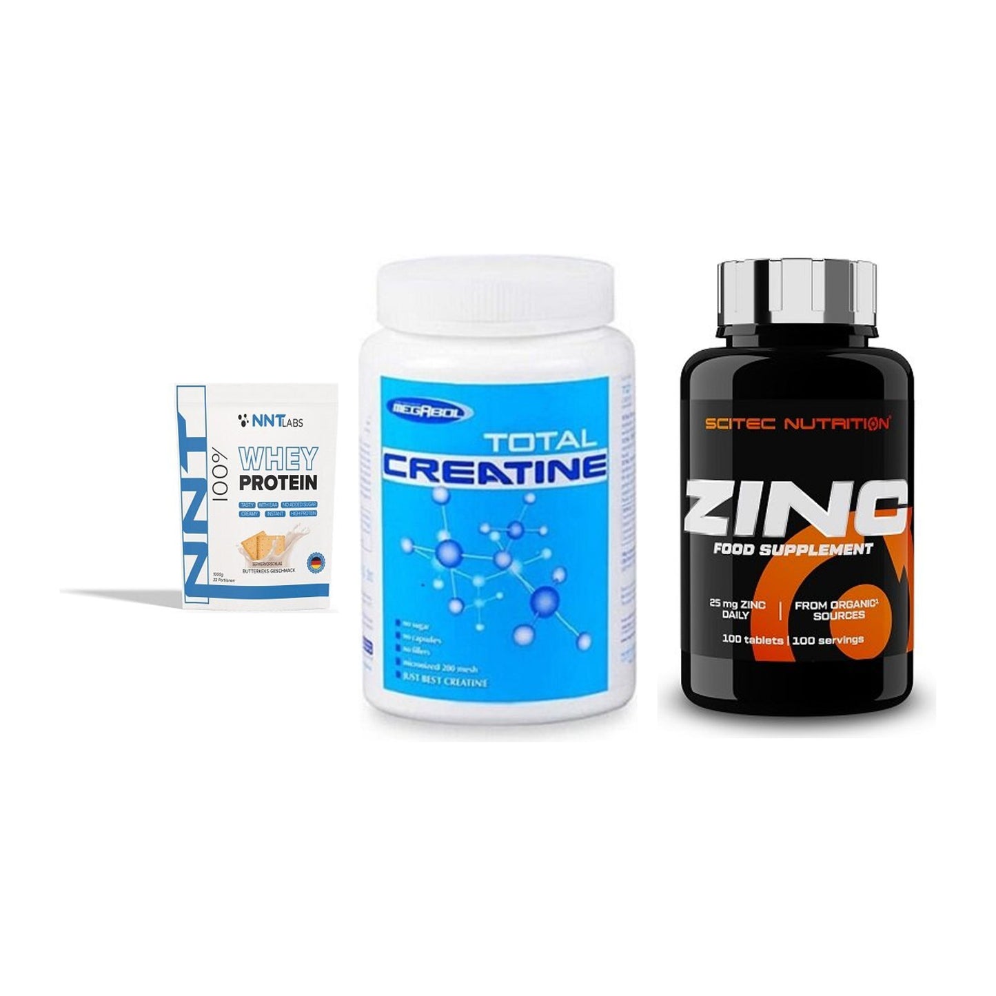 Einsteiger-Set: NNT Whey + Megabol Total Creatine + Scitec Zinc – alle enthaltenen Artikel