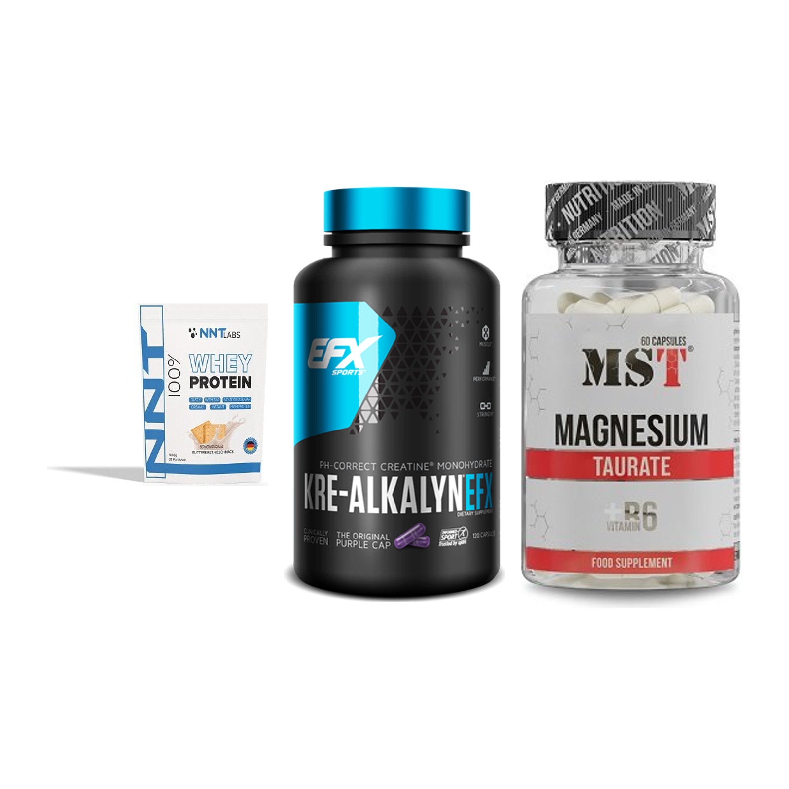 Einsteiger-Set: NNT Whey + EFX Kre-Alkalyn + MST Magnesium Taurat – alle enthaltenen Artikel