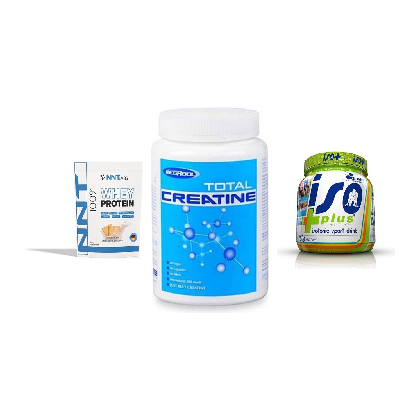 Einsteiger-Set: NNT Whey + Megabol Total Creatine + Olimp Iso Plus – alle enthaltenen Artikel