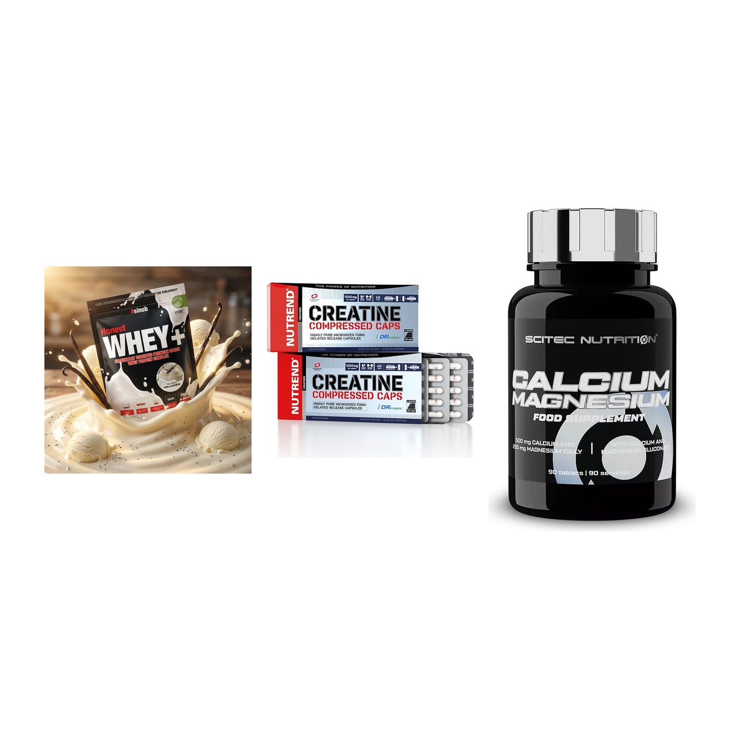 Einsteiger-Set: Sinob Honest + Nutrend Creatine + Scitec Calcium – alle enthaltenen Artikel