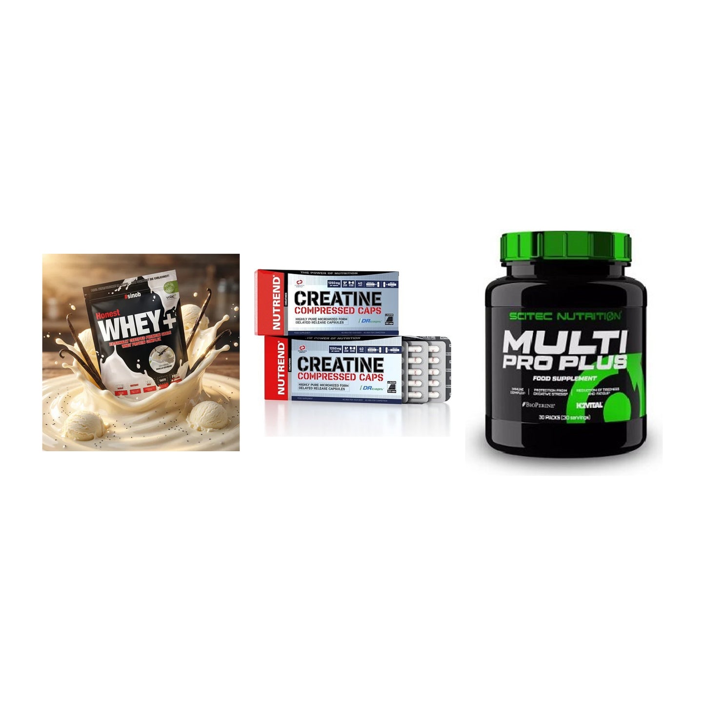 Einsteiger-Set: Sinob Honest + Nutrend Creatine + Scitec Multi Pro – alle enthaltenen Artikel