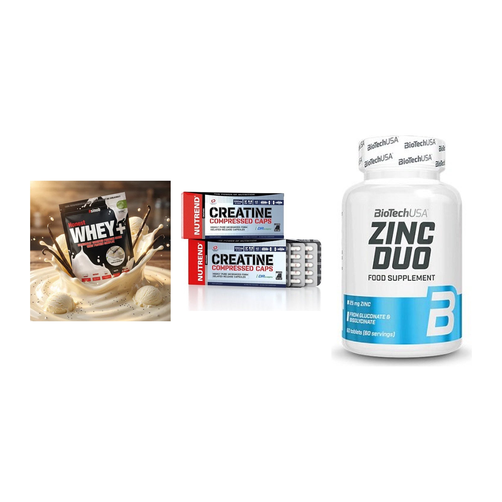 Einsteiger-Set: Sinob Honest + Nutrend Creatine + BioTech Zinc Duo – alle enthaltenen Artikel
