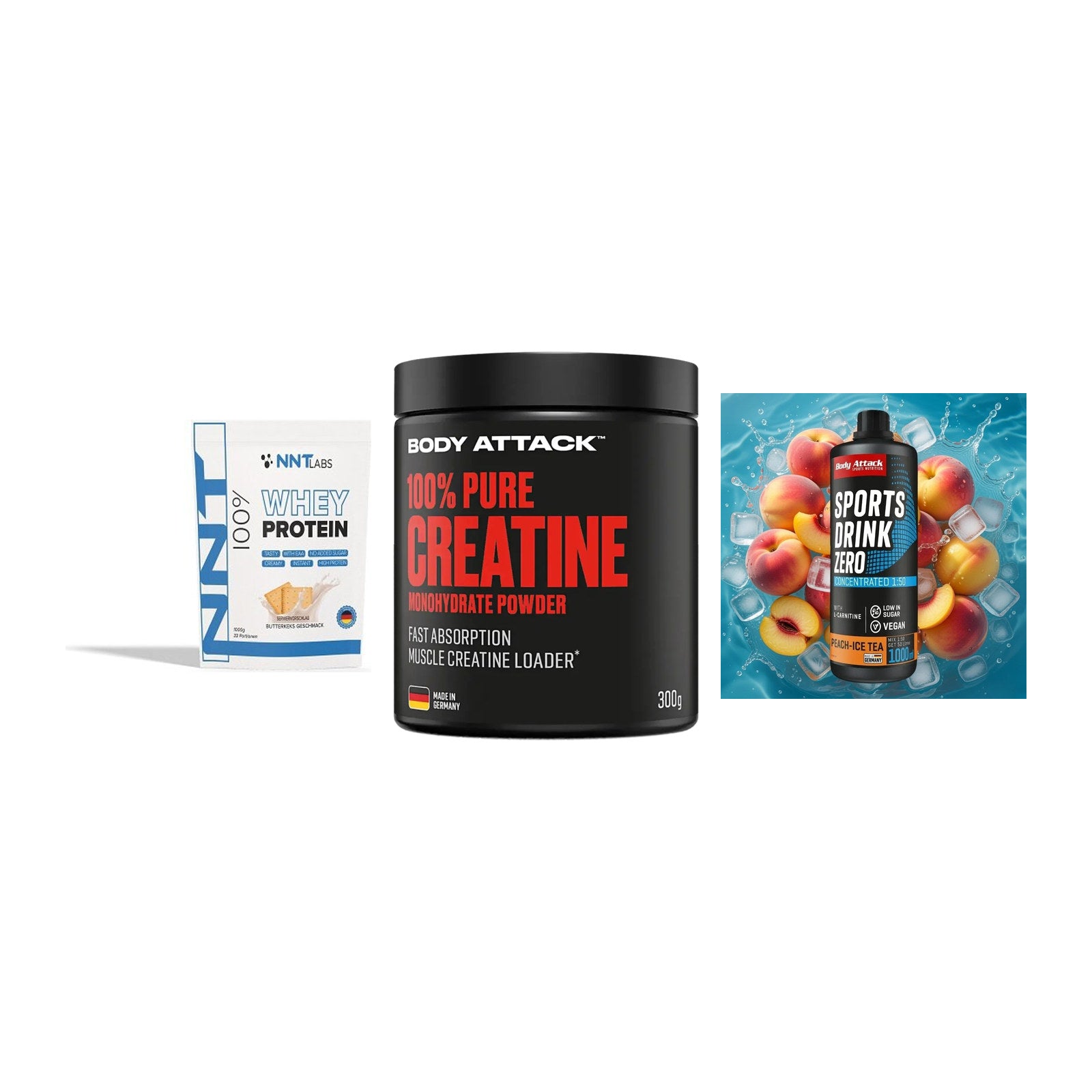 Einsteiger-Set: NNT Whey + Body Attack 100% + Body Attack – alle enthaltenen Artikel