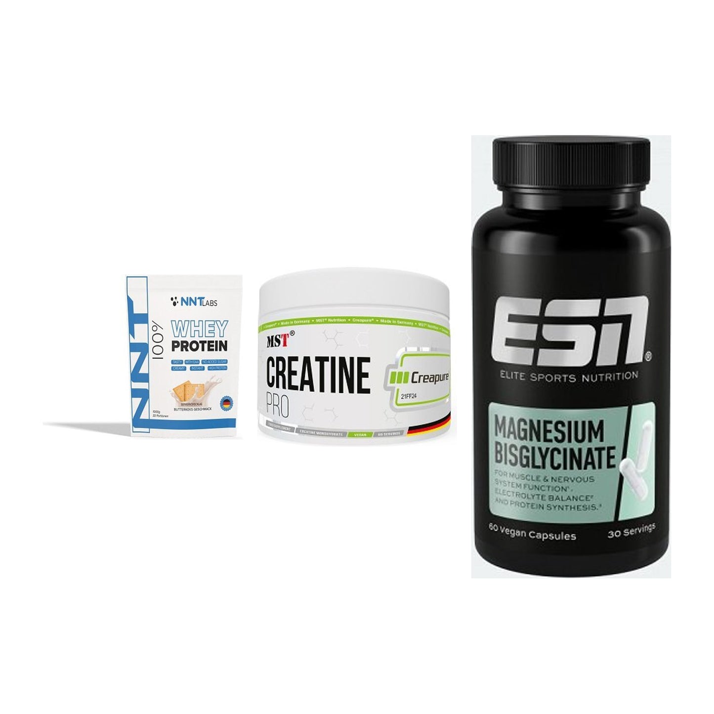 Einsteiger-Set: NNT Whey + MST Creatin Pro + ESN Magnesium – alle enthaltenen Artikel