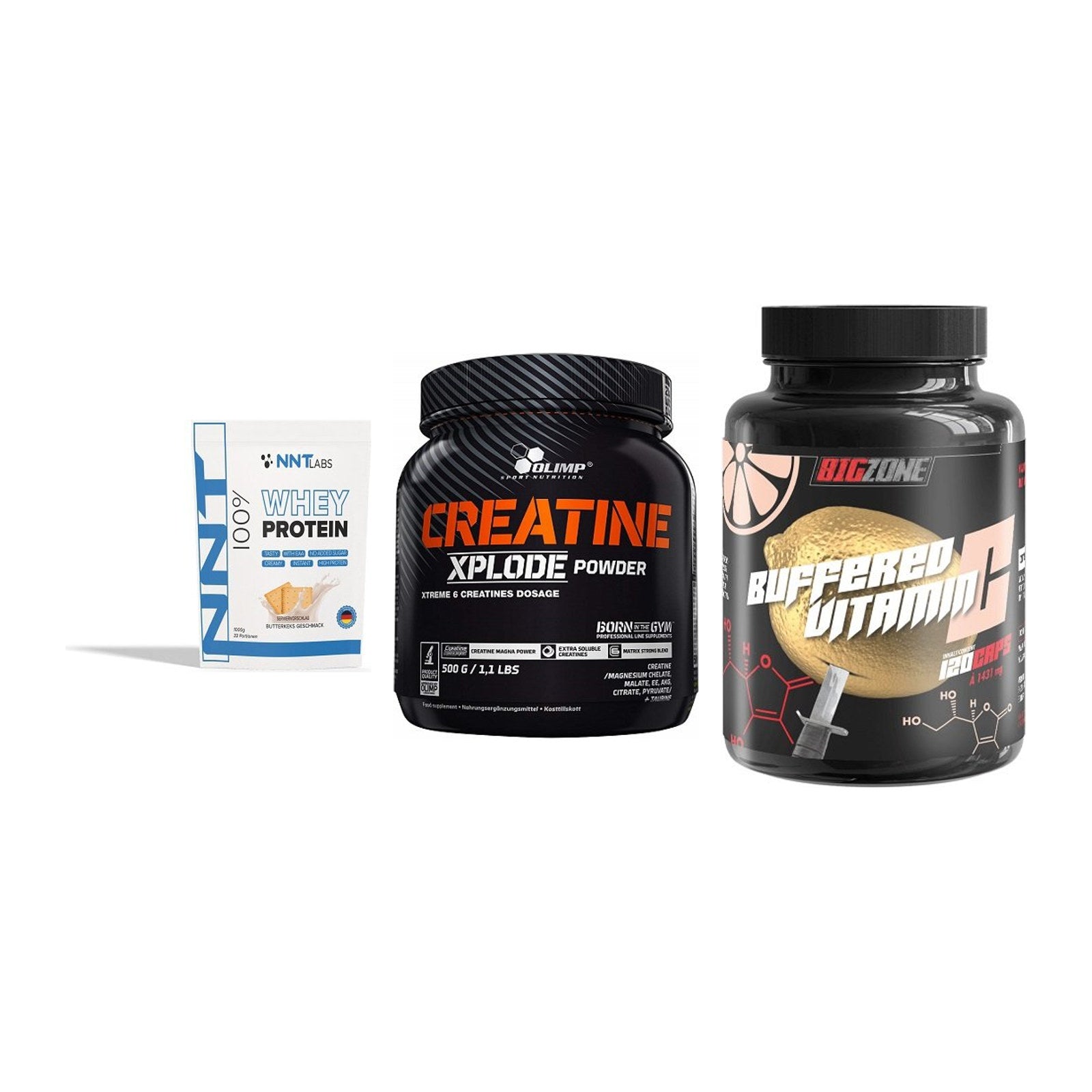 Einsteiger-Set: NNT Whey + Olimp Creatine + Big Zone Buffere – alle enthaltenen Artikel