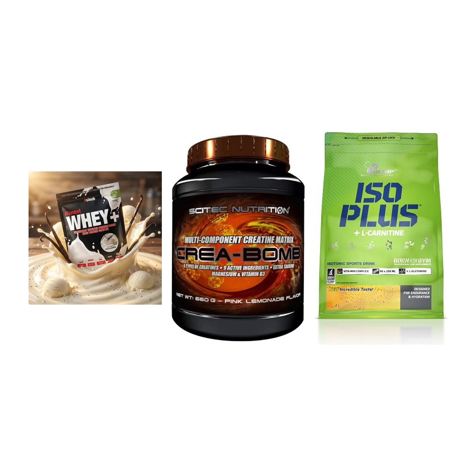 Einsteiger-Set: Sinob Honest Whey+ + Scitec Crea-Bomb + Olimp Iso Plus – alle enthaltenen Artikel