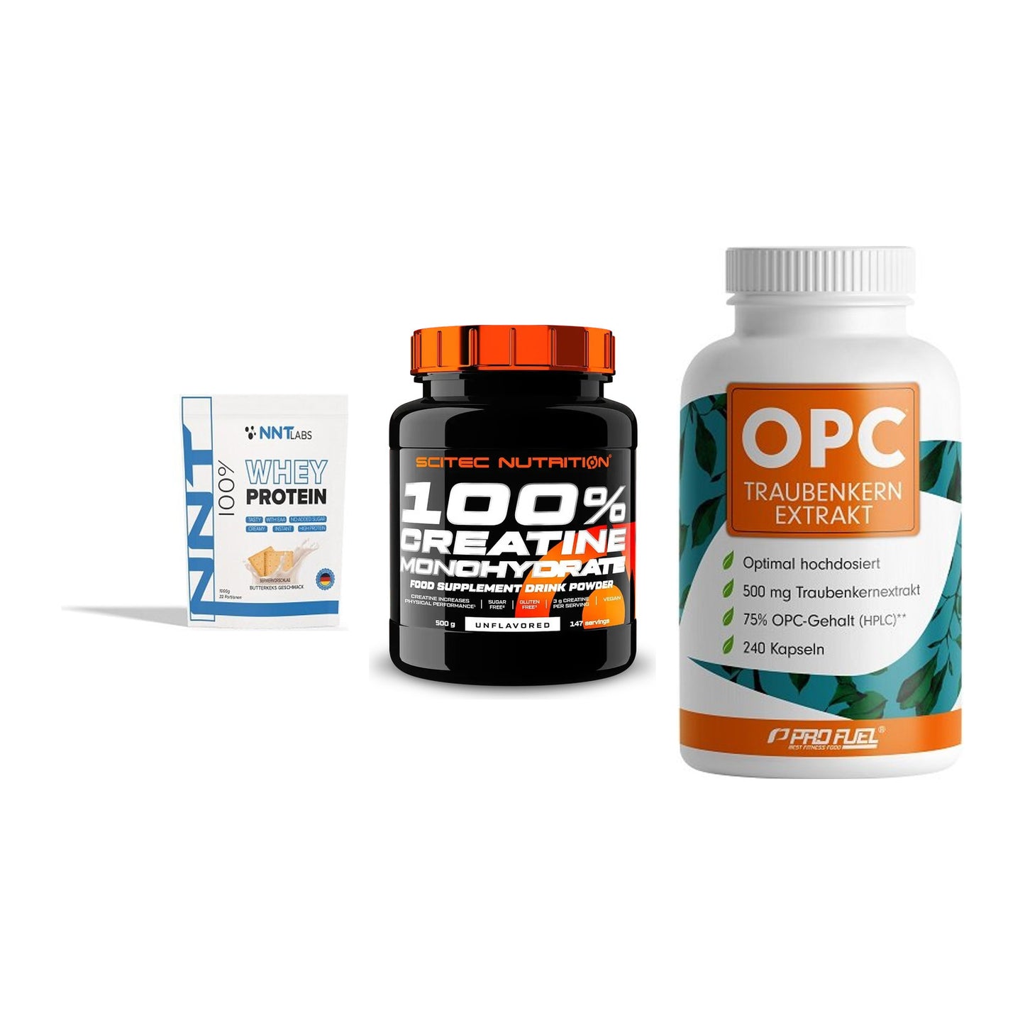 Einsteiger-Set: NNT Whey + Scitec Creatine + ProFuel OPC – alle enthaltenen Artikel