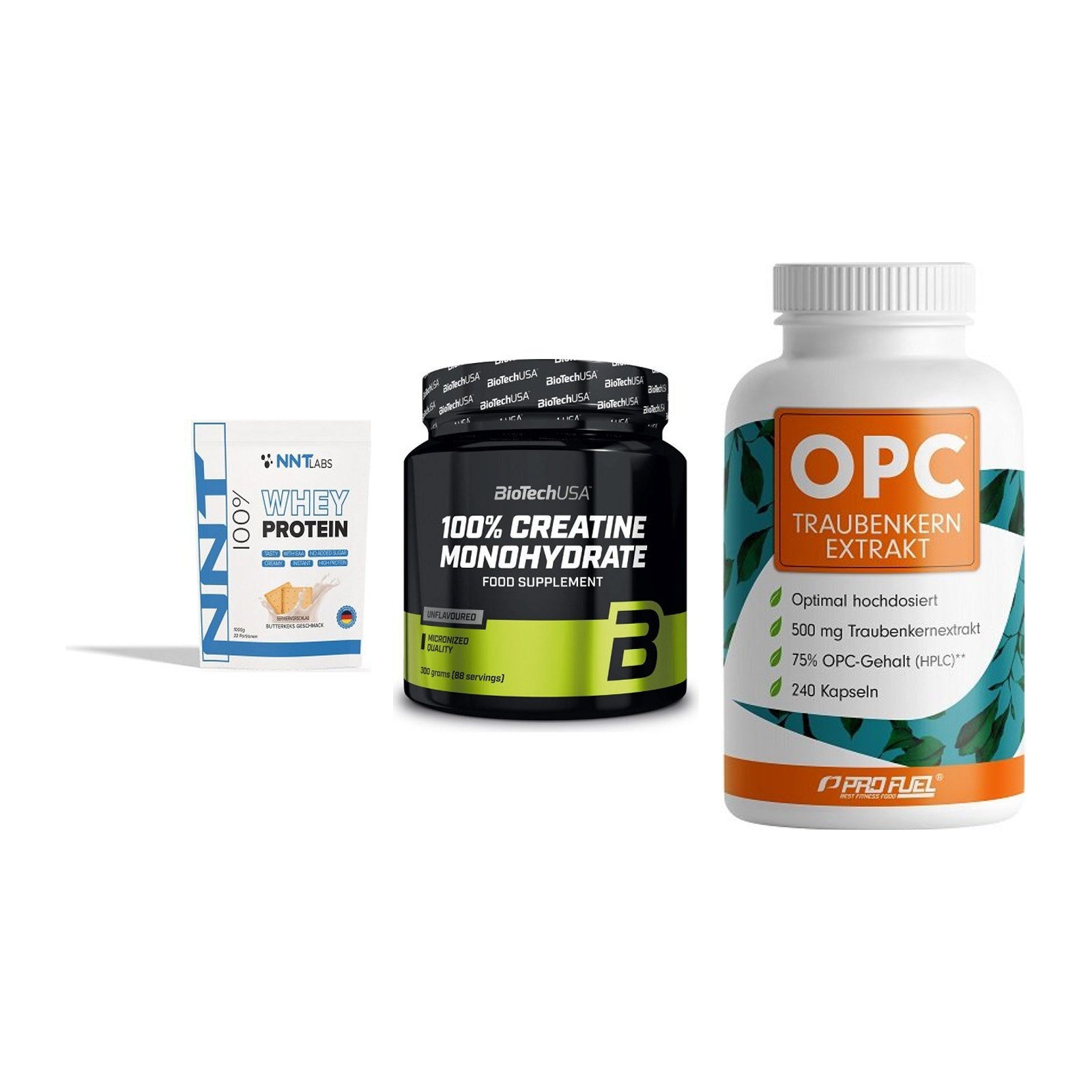 Einsteiger-Set: NNT Whey + BioTech Creatine + ProFuel OPC – alle enthaltenen Artikel
