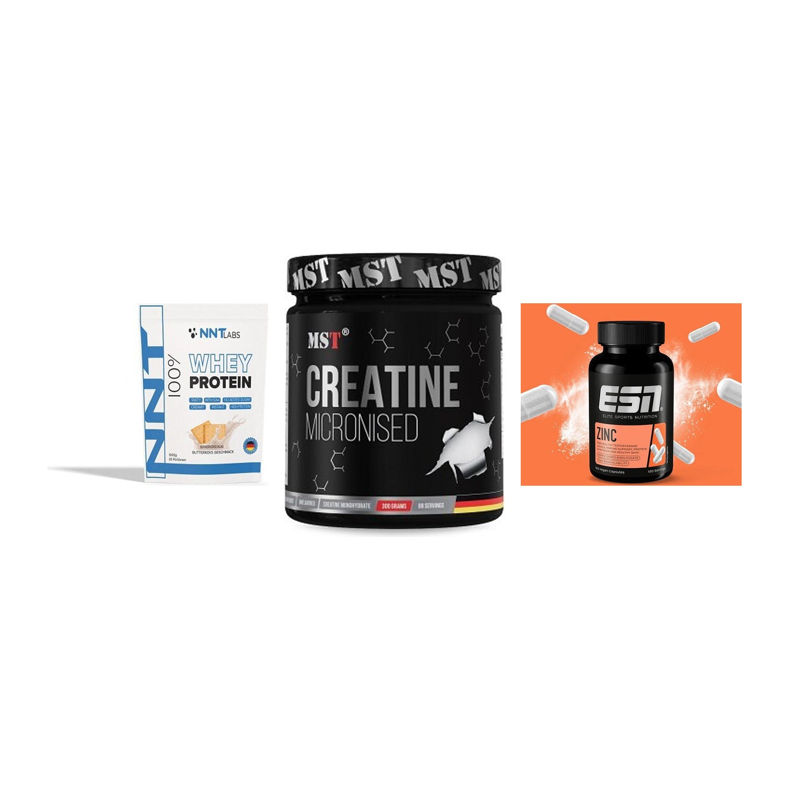 Einsteiger-Set: NNT Whey + MST Creatin Monohydrate + ESN Zinc – alle enthaltenen Artikel