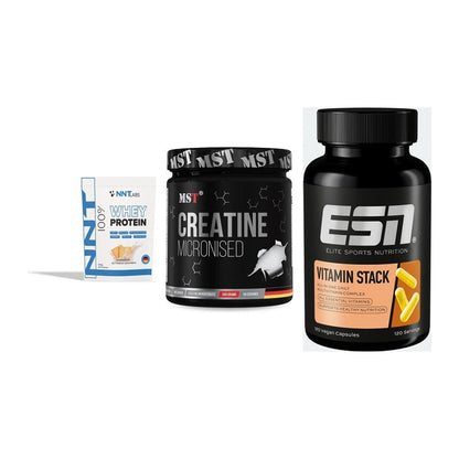 Einsteiger-Set: NNT Whey + MST Creatin Monohydrate + ESN Vitamin Stack – alle enthaltenen Artikel