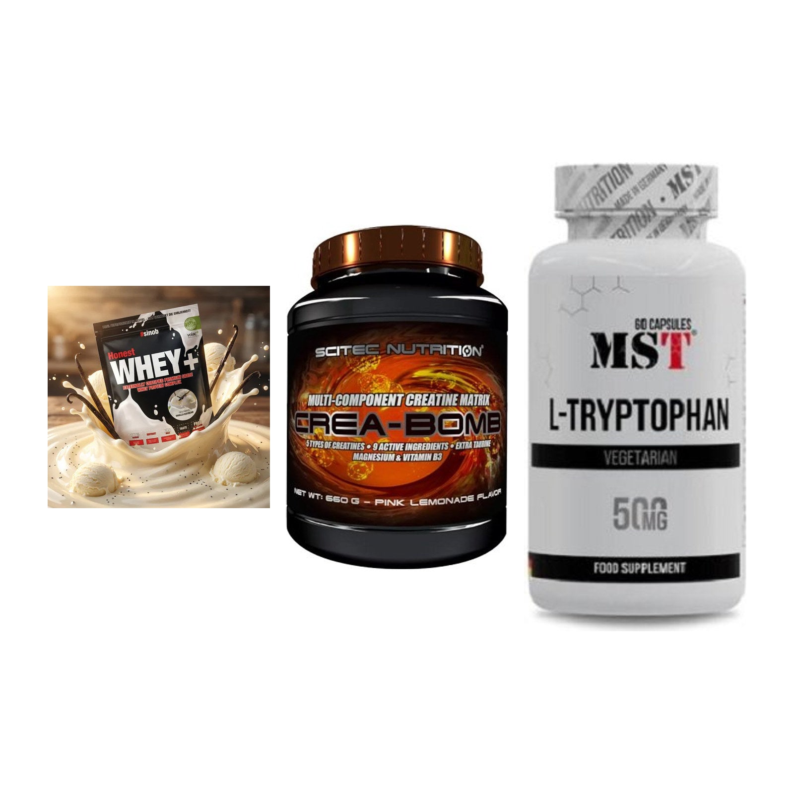 Einsteiger-Set: Sinob Honest + Scitec Crea-Bomb + MST Tryptophan – alle enthaltenen Artikel
