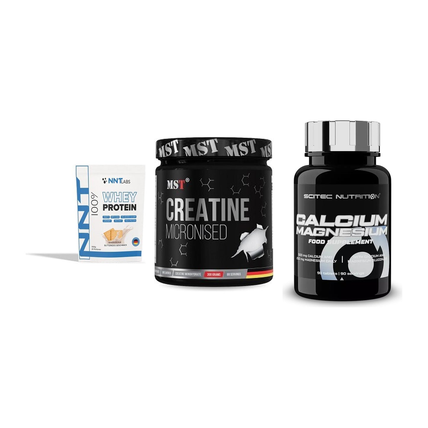Einsteiger-Set: NNT Whey + MST Creatin + Scitec Calcium – alle enthaltenen Artikel