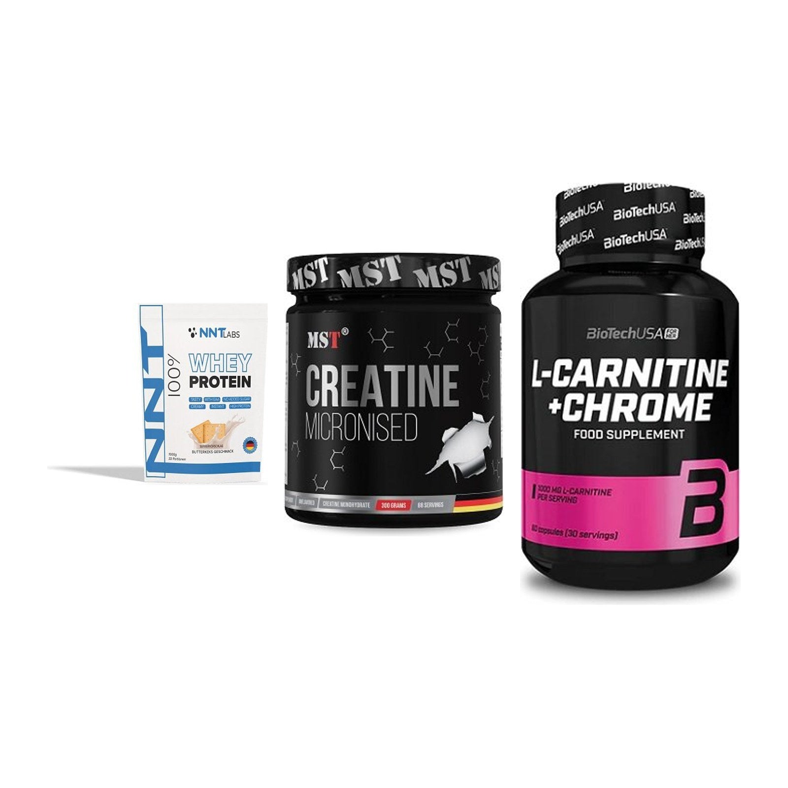 Einsteiger-Set: NNT Whey + MST Creatin + BioTech L-Carnit – alle enthaltenen Artikel