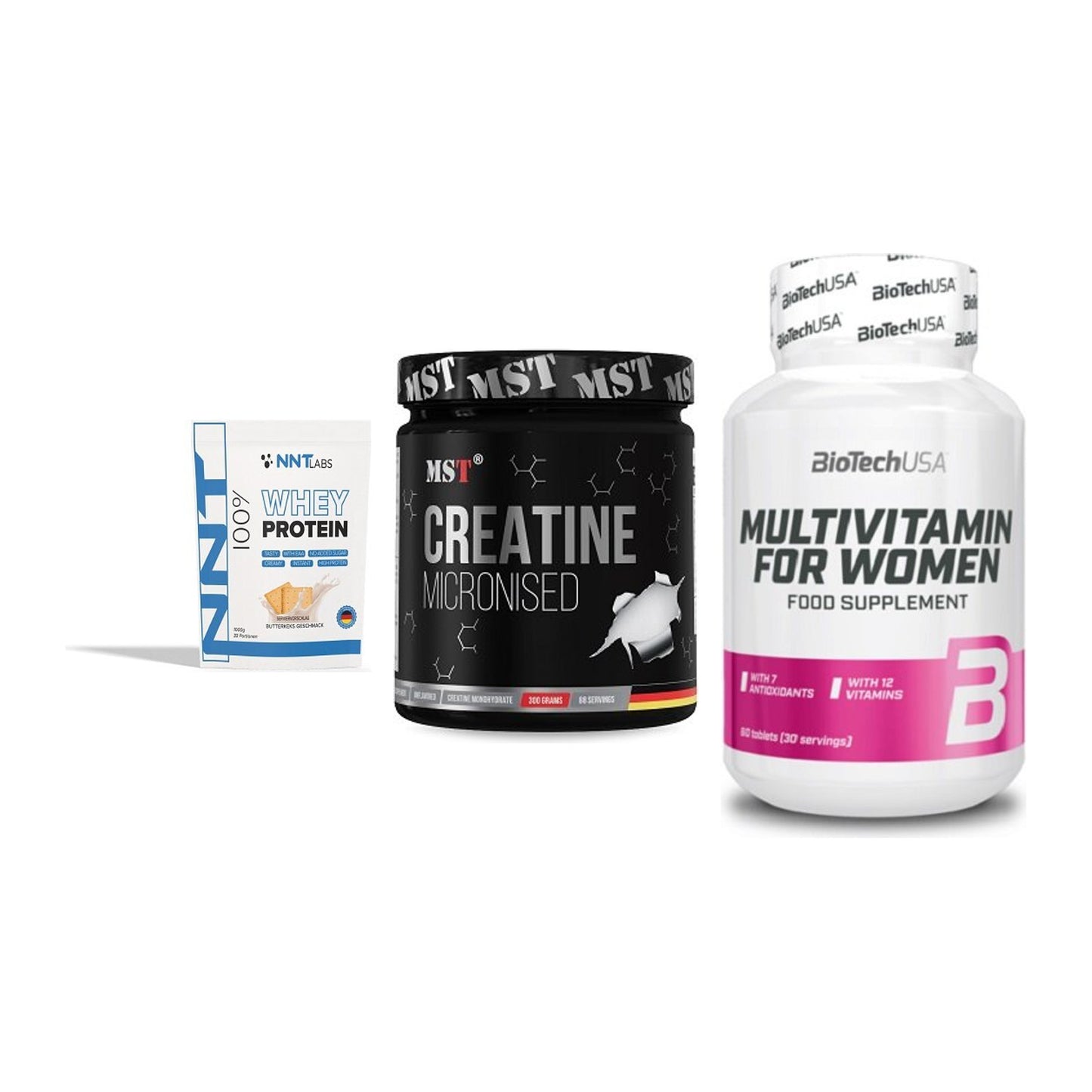 Einsteiger-Set: NNT Whey + MST Creatin + BioTech Multivit – alle enthaltenen Artikel