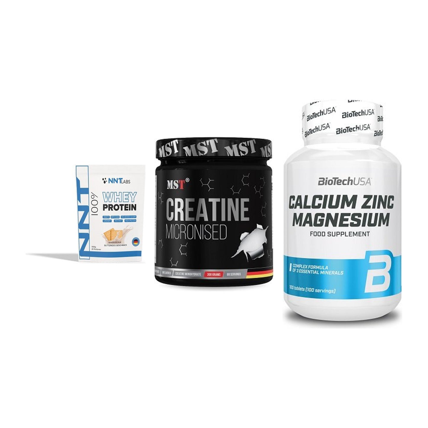 Einsteiger-Set: NNT Whey + MST Creatin + BioTech Calcium – alle enthaltenen Artikel