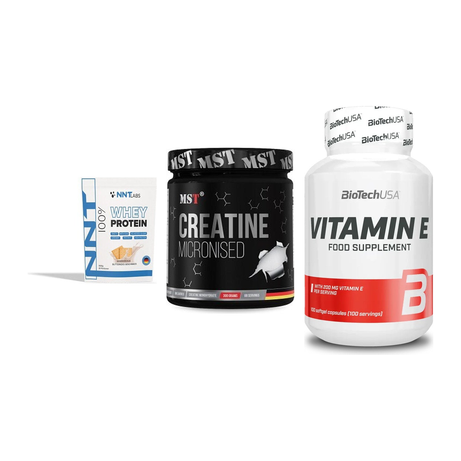 Einsteiger-Set: NNT Whey + MST Creatin + BioTech Vitamin – alle enthaltenen Artikel