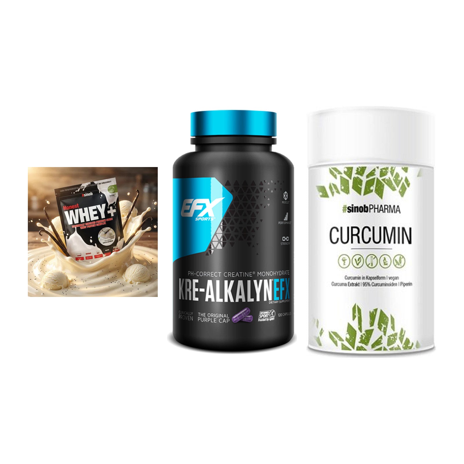 Einsteiger-Set: Sinob Honest + EFX Kre-Alkalyn + Sinob Curcumin – alle enthaltenen Artikel