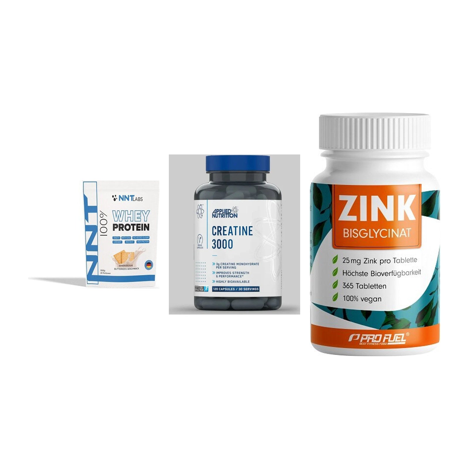 Einsteiger-Set: NNT Whey + Applied Nutritio + ProFuel Zink – alle enthaltenen Artikel