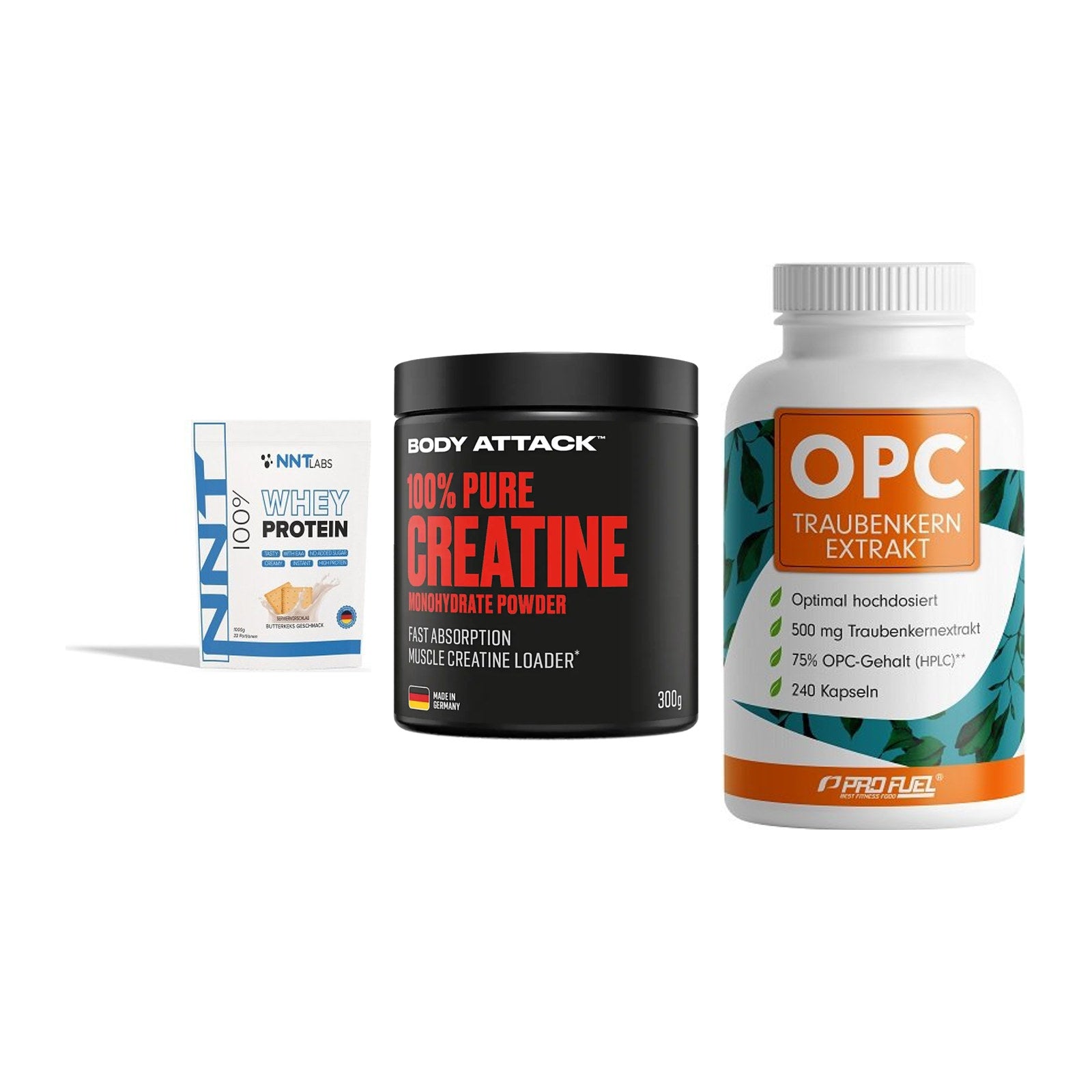 Einsteiger-Set: NNT Whey + Body Attack 100% + ProFuel OPC – alle enthaltenen Artikel