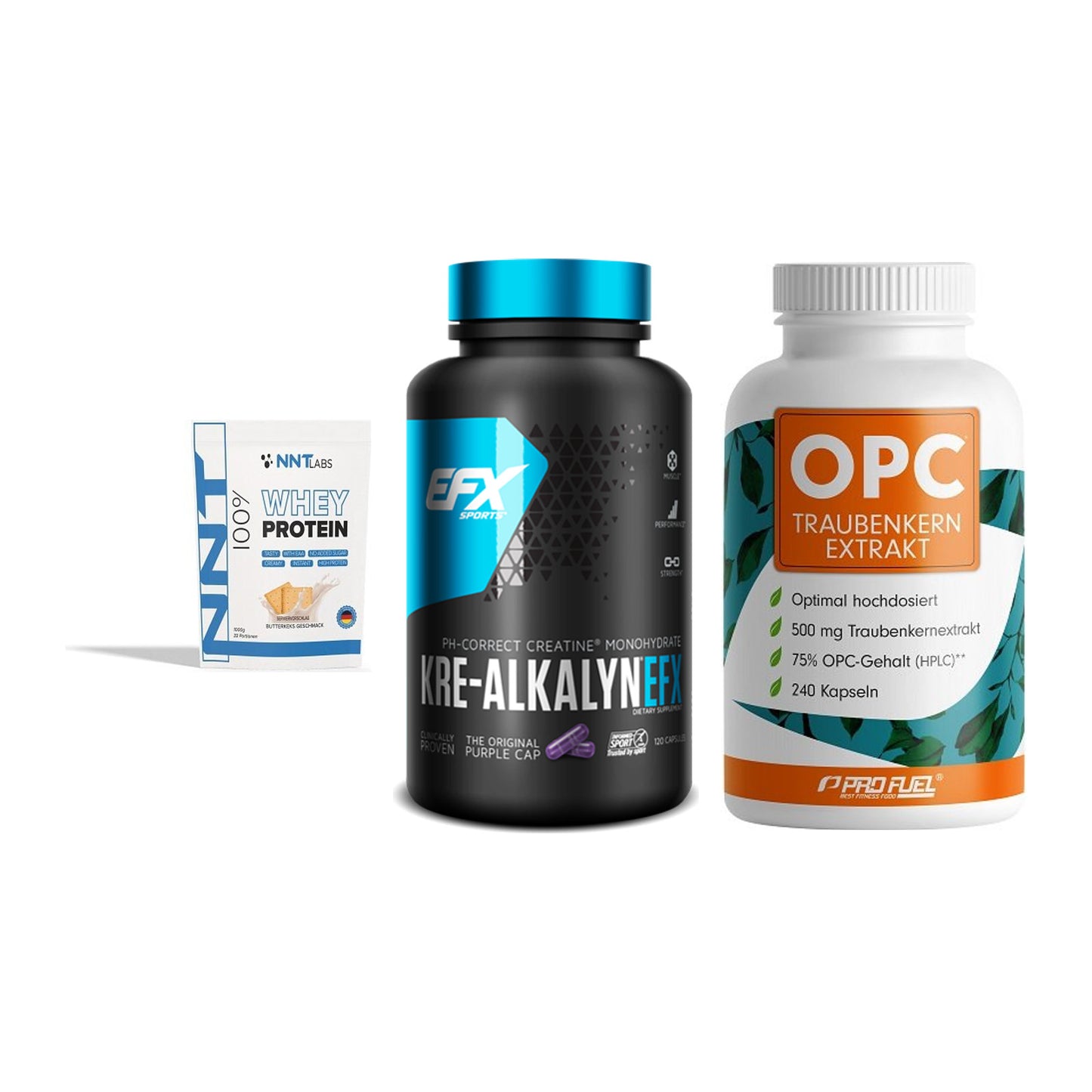 Einsteiger-Set: NNT Whey + EFX Kre-Alkalyn + ProFuel OPC – alle enthaltenen Artikel