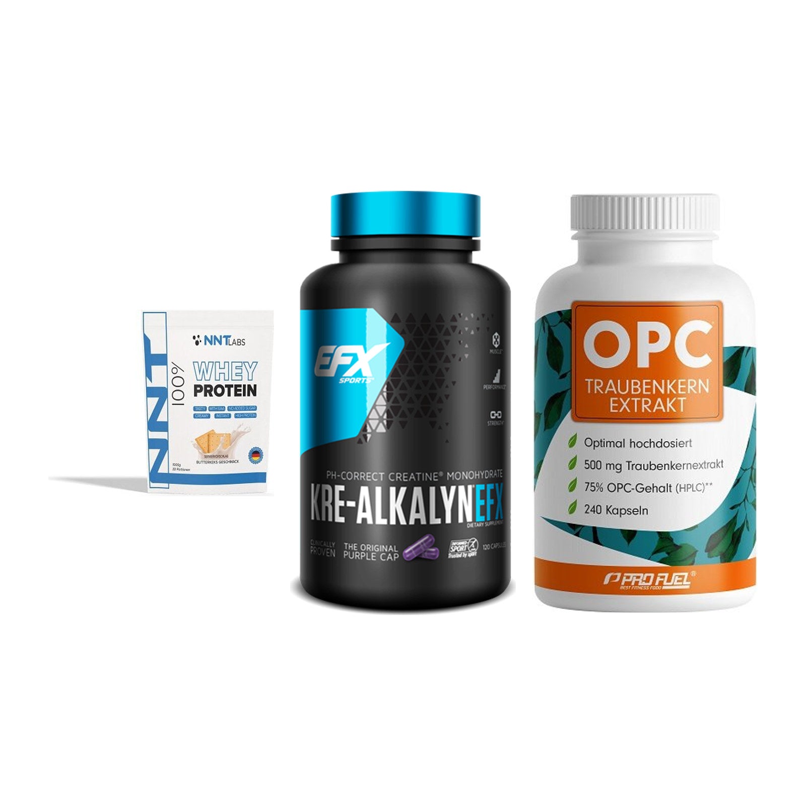 Einsteiger-Set: NNT Whey + EFX Kre-Alkalyn + ProFuel OPC – alle enthaltenen Artikel
