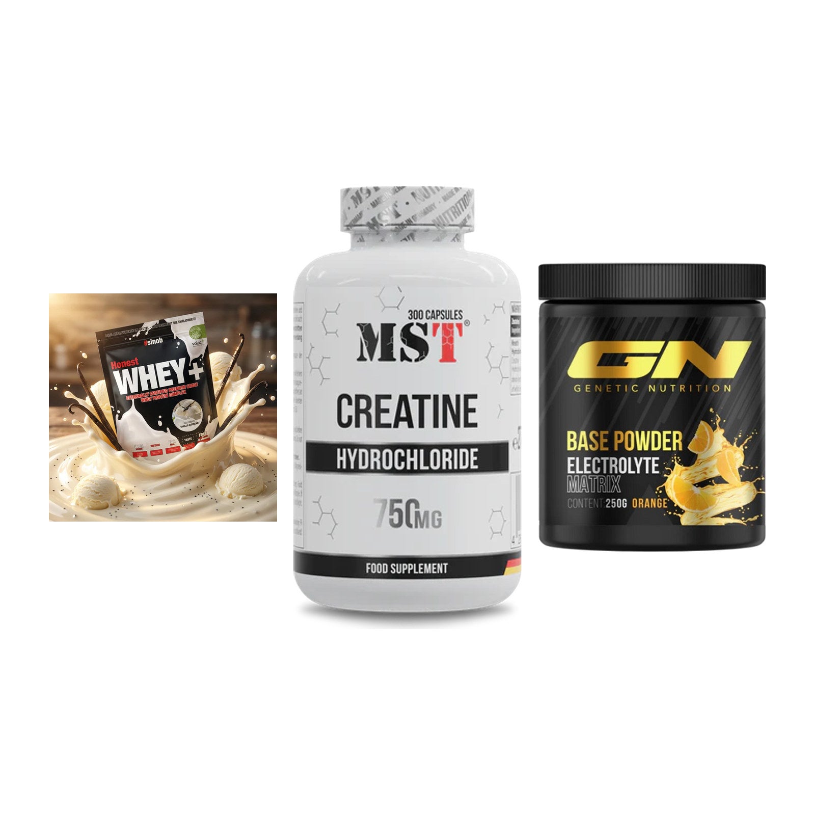 Einsteiger-Set: Sinob Honest Whey+ + MST Creatine HCL + GN Base Powder – alle enthaltenen Artikel