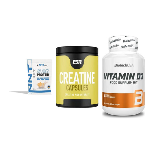 Einsteiger-Set: NNT Whey + ESN Ultrapure Creatine + BioTech Vitamin D3 – alle enthaltenen Artikel