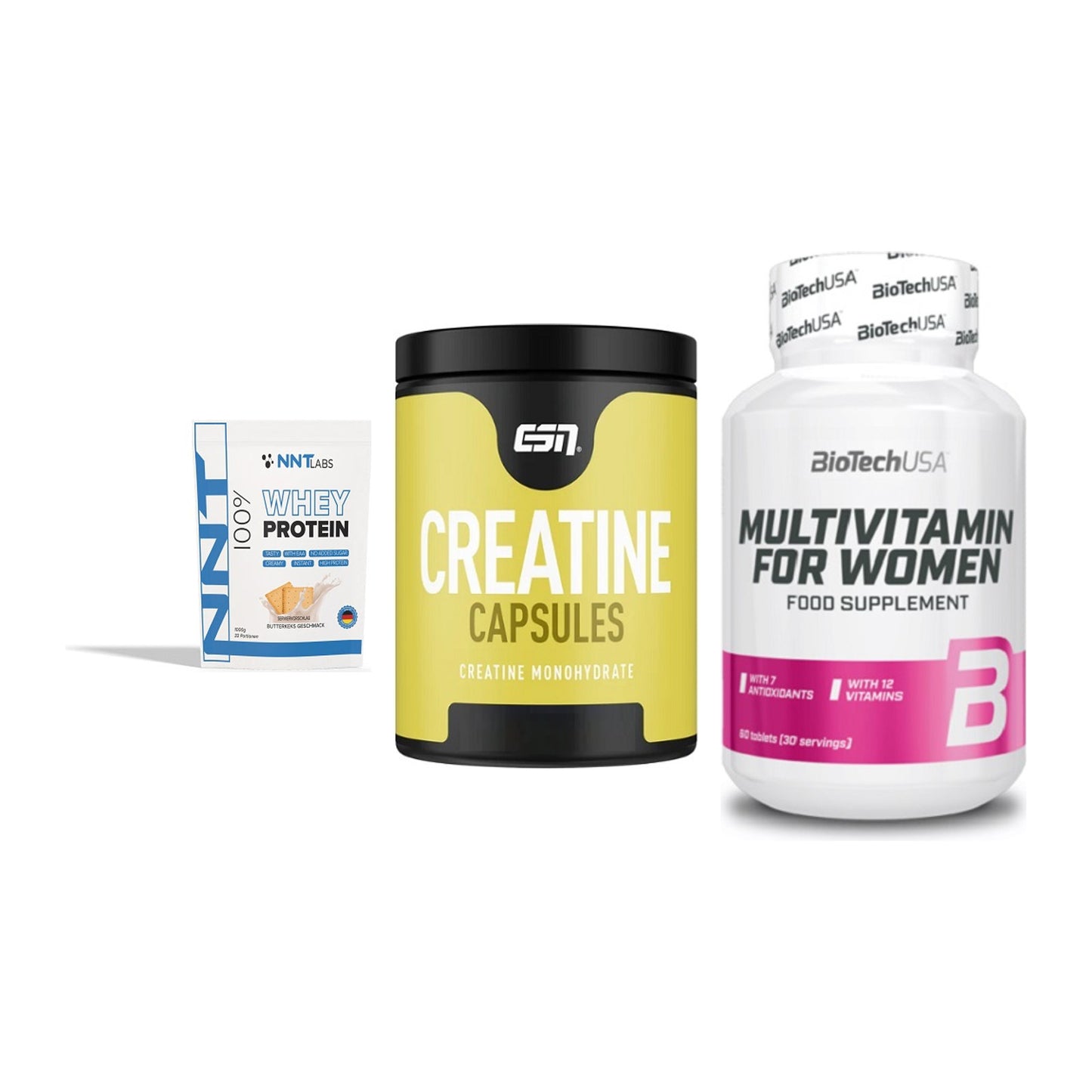 Einsteiger-Set: NNT Whey + ESN Ultrapure + BioTech Multivit – alle enthaltenen Artikel
