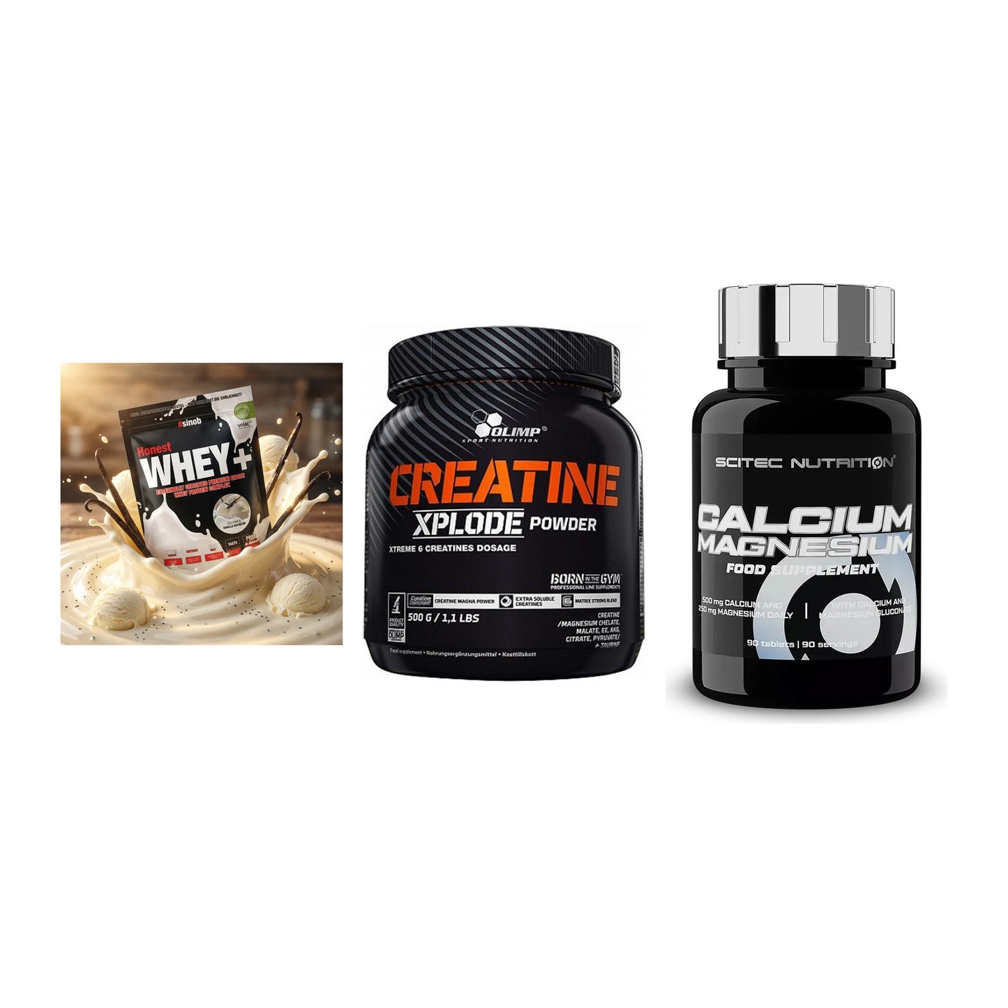 Einsteiger-Set: Sinob Honest + Olimp Creatine + Scitec Calcium – alle enthaltenen Artikel