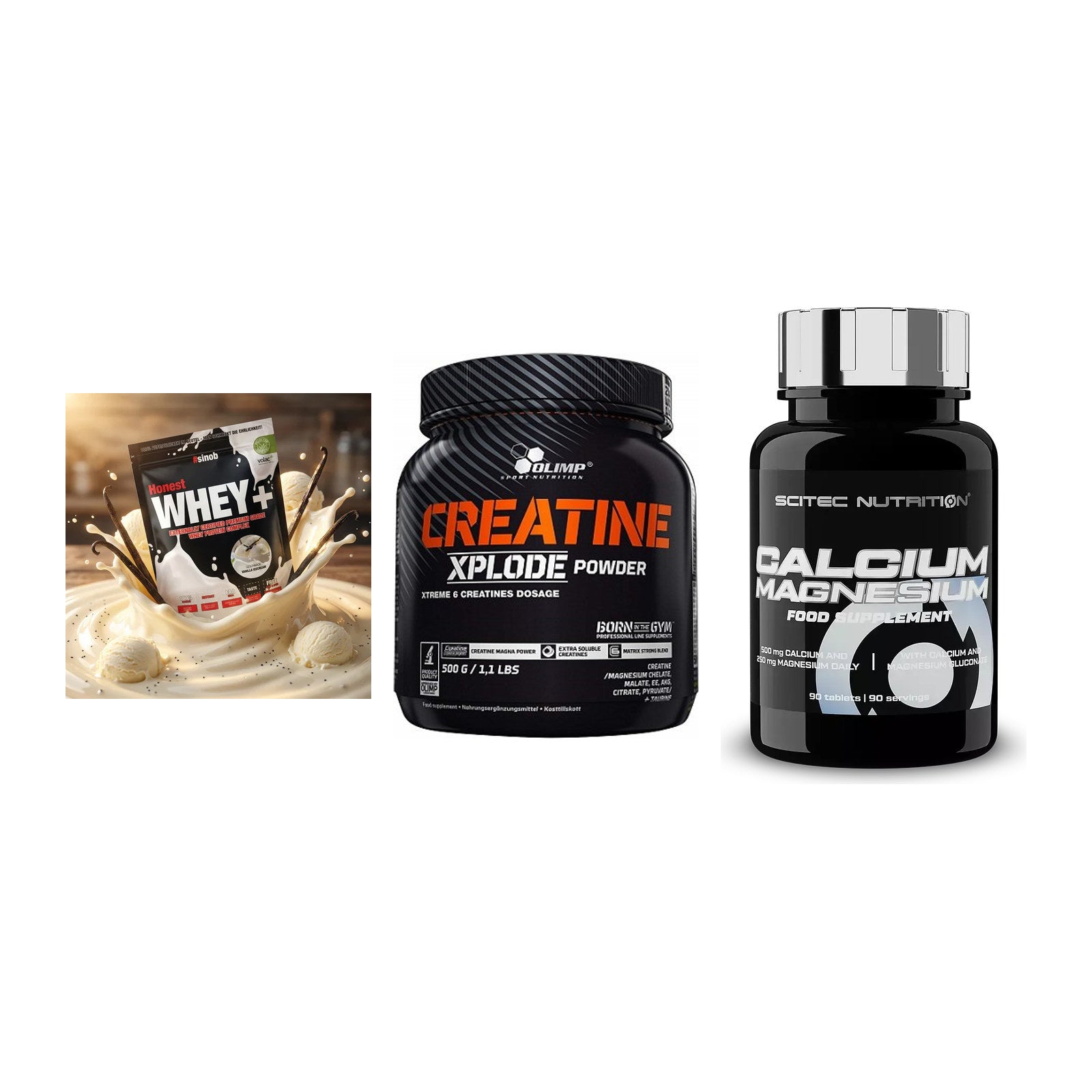 Einsteiger-Set: Sinob Honest + Olimp Creatine + Scitec Calcium – alle enthaltenen Artikel
