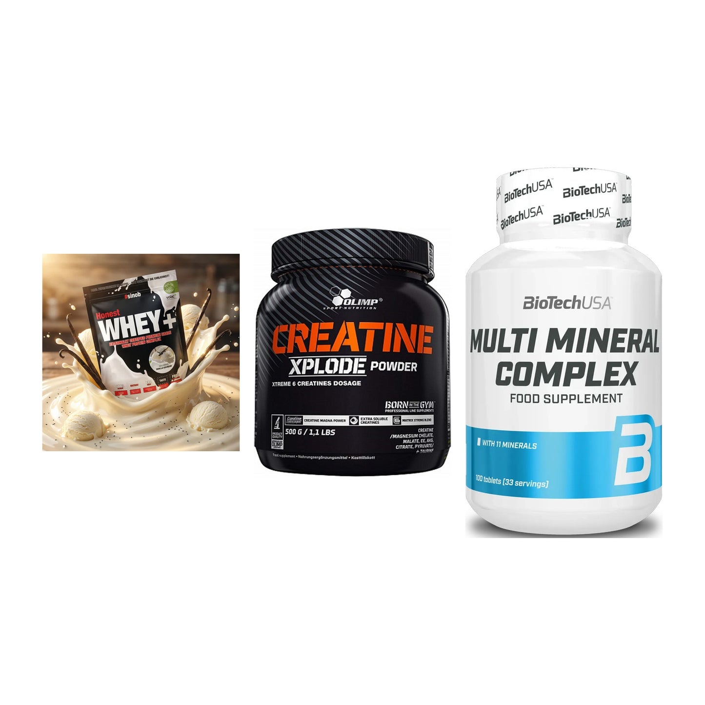 Einsteiger-Set: Sinob Honest + Olimp Creatine + BioTech Multi – alle enthaltenen Artikel