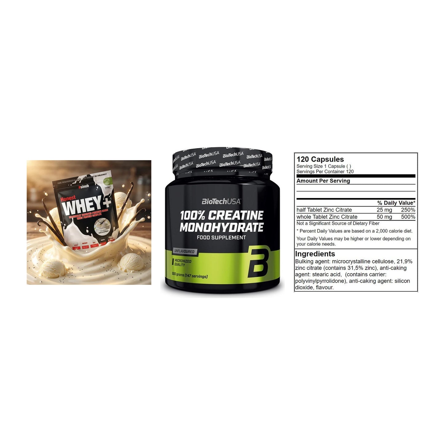 Einsteiger-Set: Sinob Honest + BioTech Creatine + GN Zinc Citrate – alle enthaltenen Artikel
