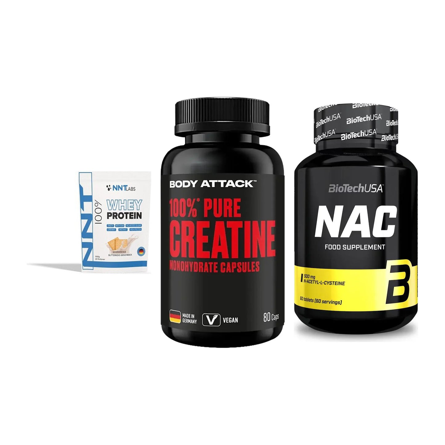 Einsteiger-Set: NNT Whey + Body Attack 100% + BioTech NAC – alle enthaltenen Artikel