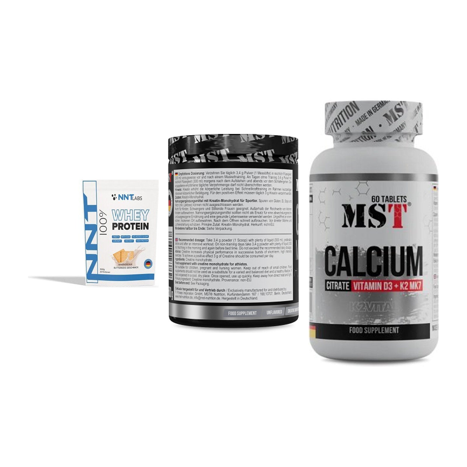 Einsteiger-Set: NNT Whey + MST Creatin + MST Calcium – alle enthaltenen Artikel