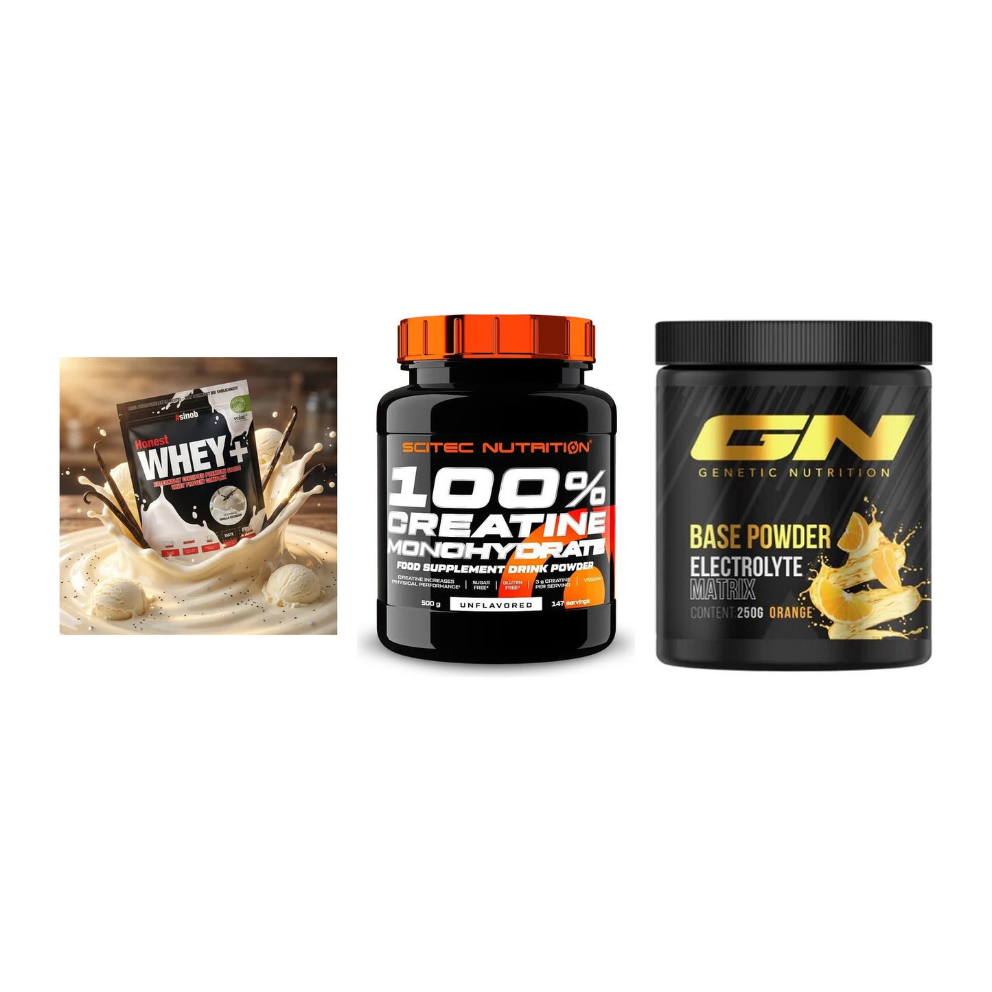 Einsteiger-Set: Sinob Honest + Scitec Creatine + GN Base Powder – alle enthaltenen Artikel