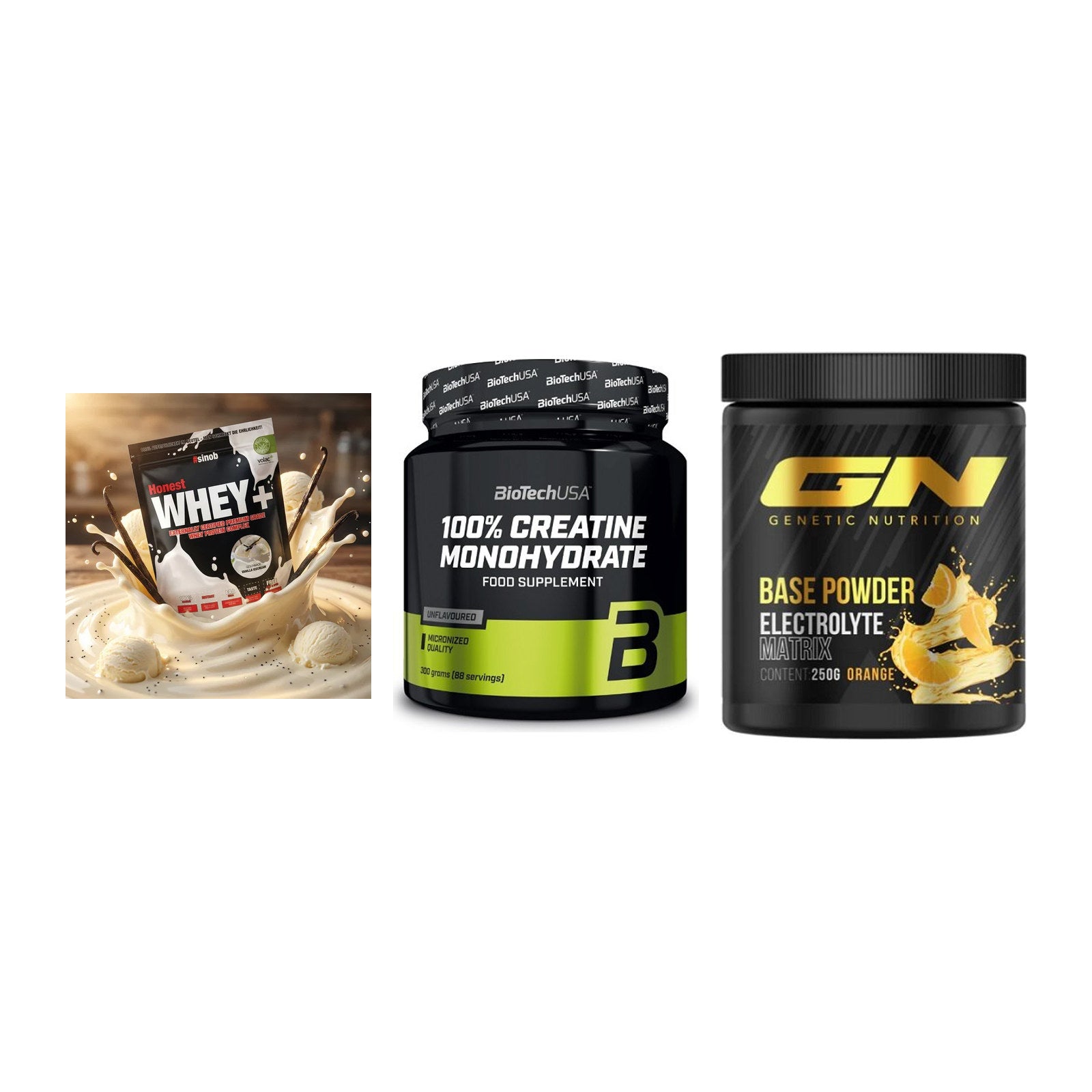 Einsteiger-Set: Sinob Honest + BioTech Creatine + GN Base Powder – alle enthaltenen Artikel