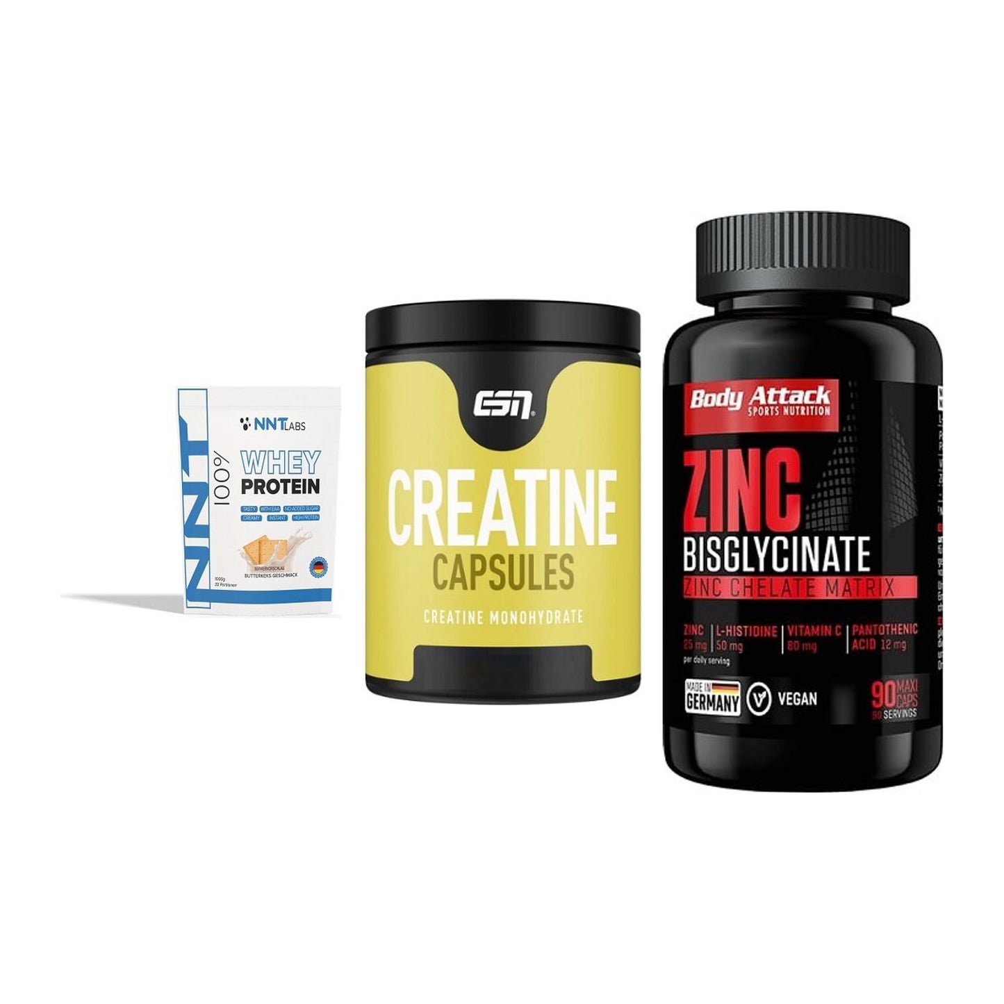 Einsteiger-Set: NNT Whey + ESN Ultrapure + Body Attack Zink – alle enthaltenen Artikel