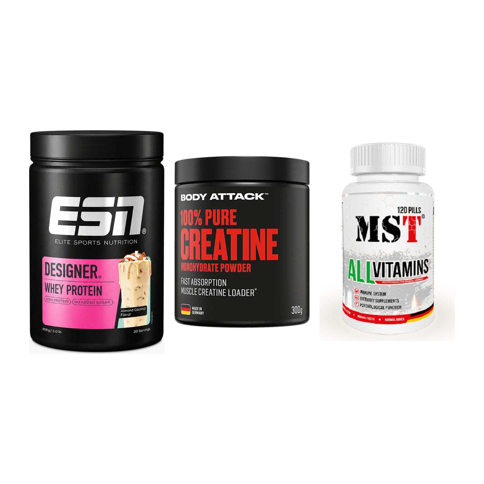 Einsteiger-Set: ESN Designer + Body Attack 100% + MST All Vitamins – alle enthaltenen Artikel