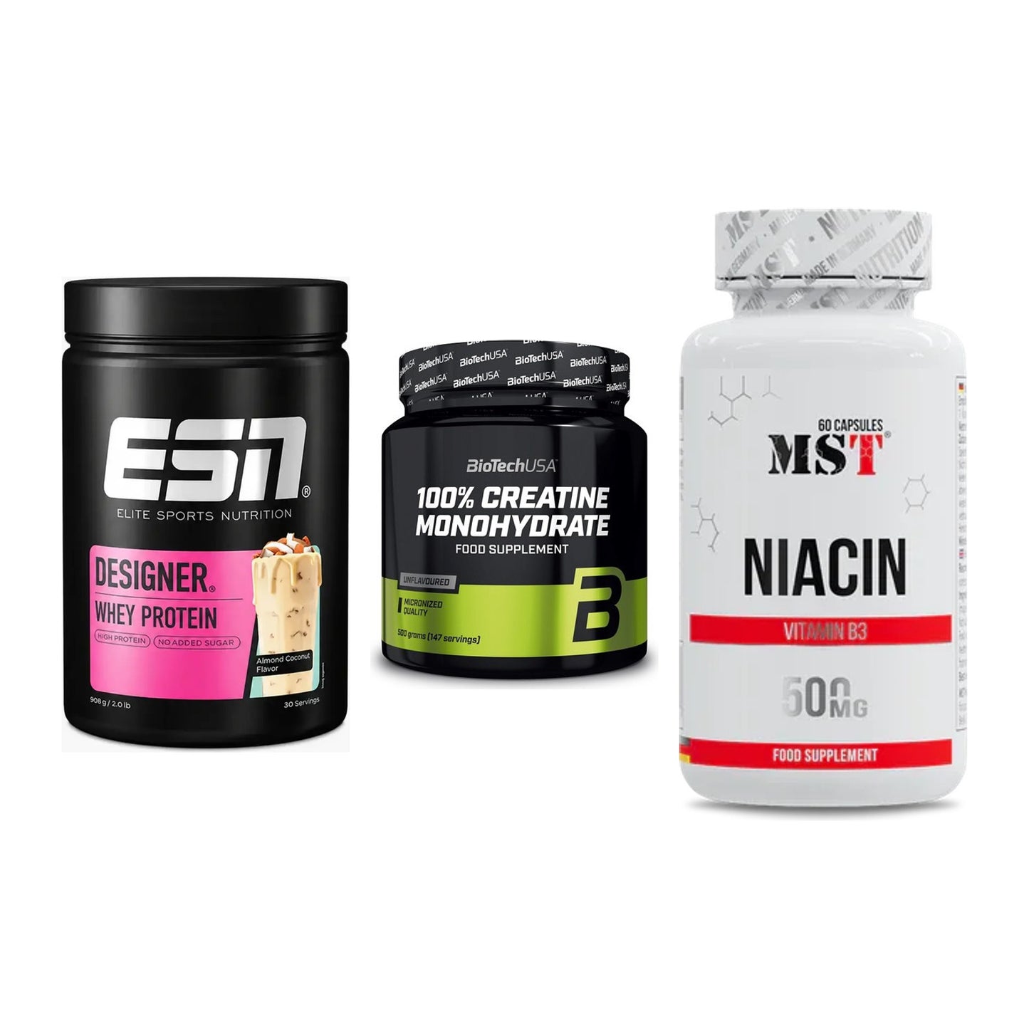 Einsteiger-Set: ESN Designer + BioTech Creatine + MST Niacin – alle enthaltenen Artikel