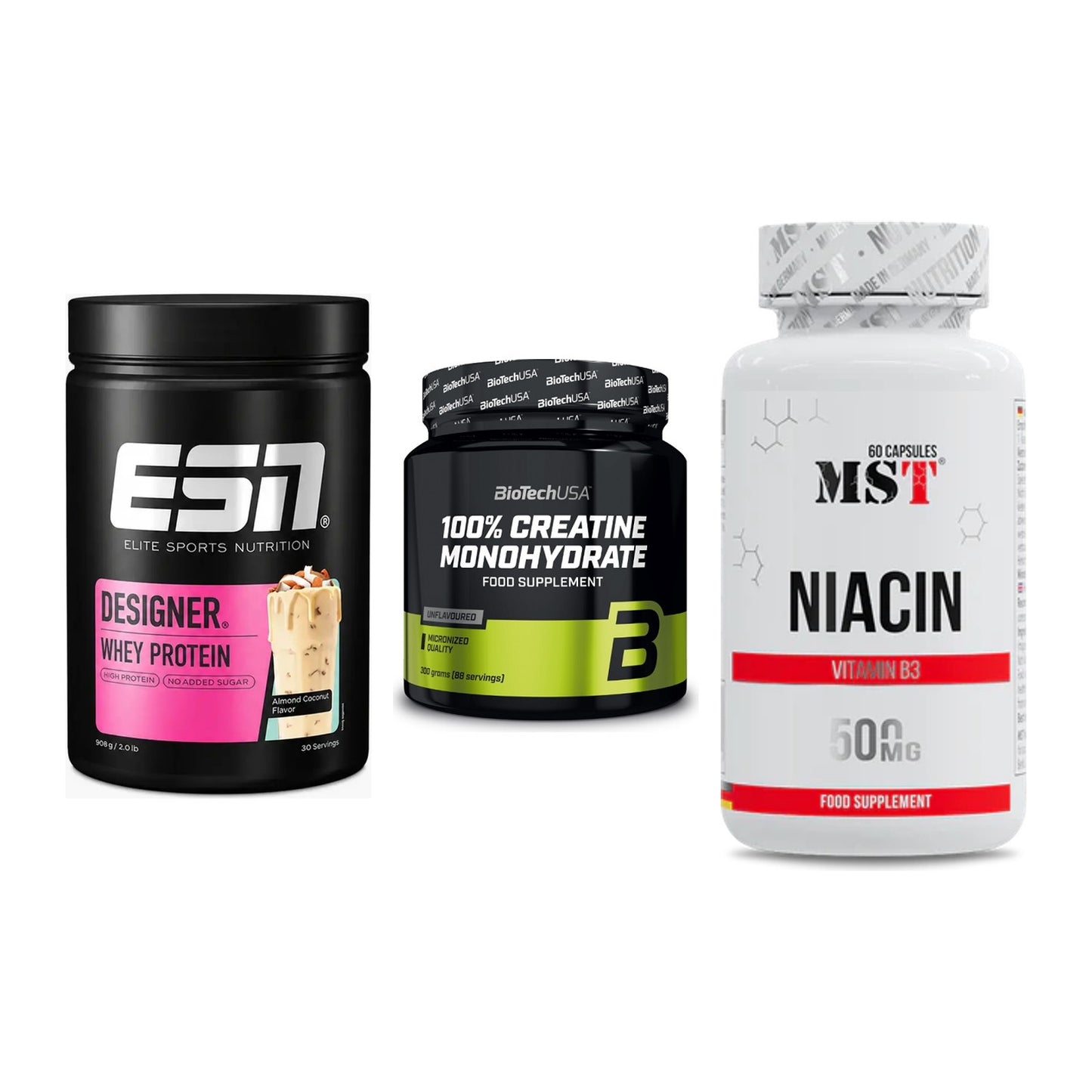 Einsteiger-Set: ESN Designer + BioTech Creatine + MST Niacin – alle enthaltenen Artikel