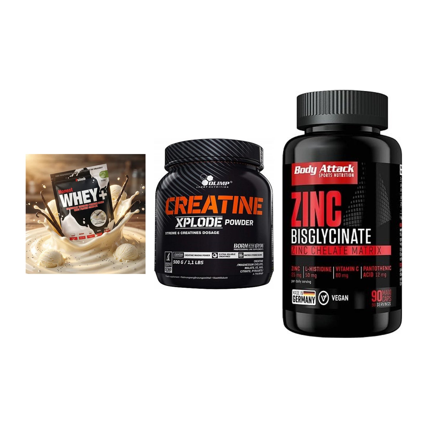 Einsteiger-Set: Sinob Honest + Olimp Creatine + Body Attack Zink – alle enthaltenen Artikel