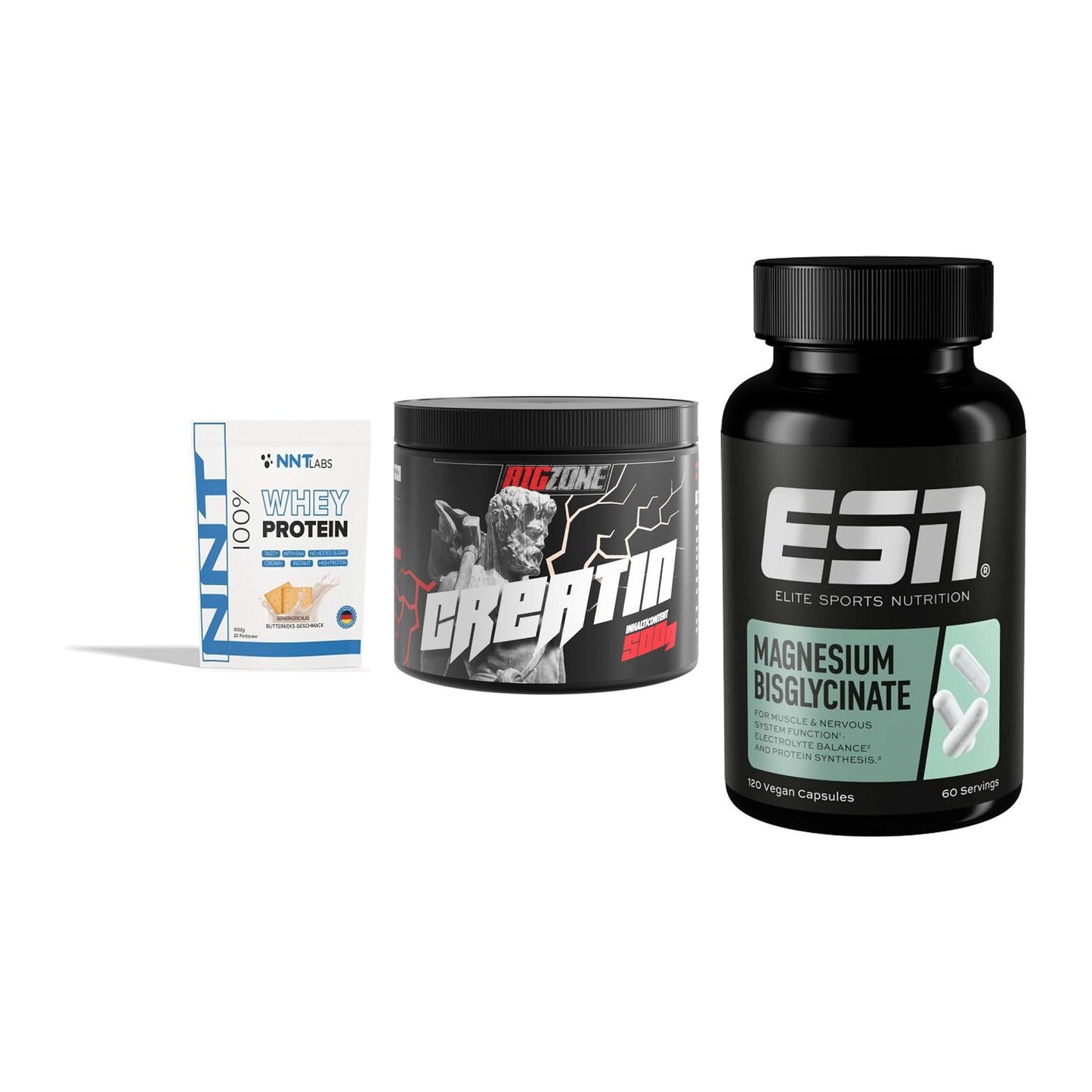 Einsteiger-Set: NNT Whey + Big Zone Creatin + ESN Magnesium – alle enthaltenen Artikel