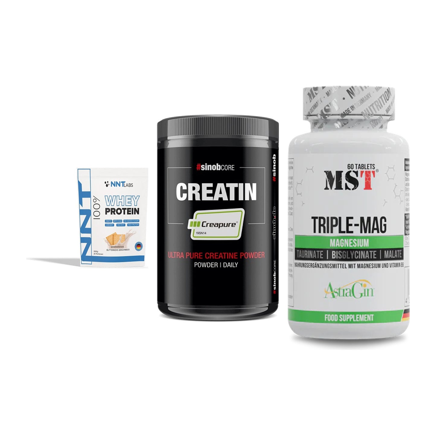 Einsteiger-Set: NNT Whey + Sinob Creatin CREAPURE + MST Tripple Mag – alle enthaltenen Artikel