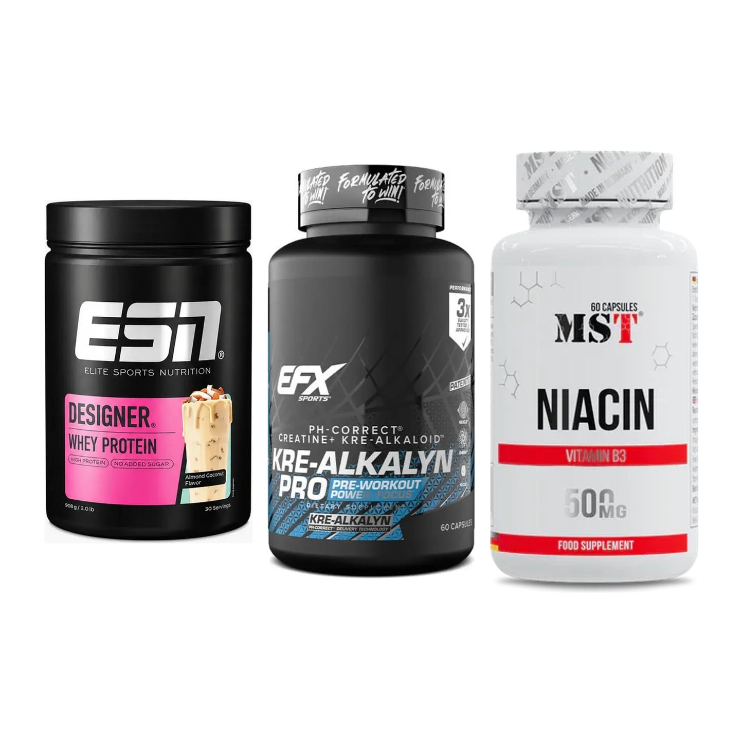 Einsteiger-Set: ESN Designer Whey + EFX Kre-Alkalyn PRO + MST Niacin – alle enthaltenen Artikel
