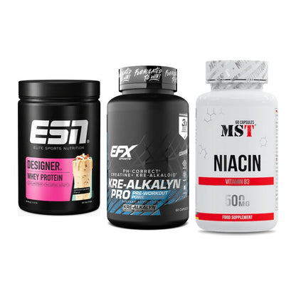 Einsteiger-Set: ESN Designer Whey + EFX Kre-Alkalyn PRO + MST Niacin – alle enthaltenen Artikel