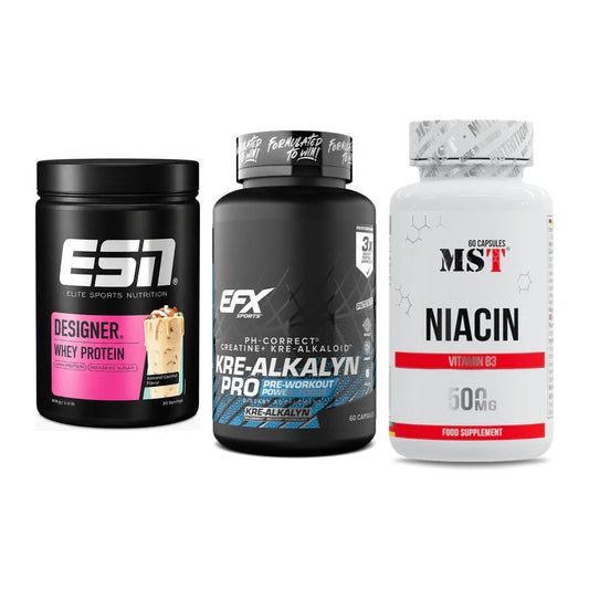Einsteiger-Set: ESN Designer Whey + EFX Kre-Alkalyn PRO + MST Niacin – alle enthaltenen Artikel