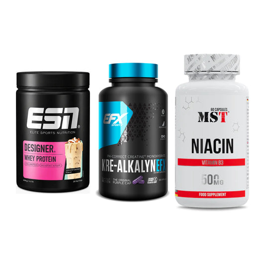 Einsteiger-Set: ESN Designer Whey + EFX Kre-Alkalyn + MST Niacin – alle enthaltenen Artikel